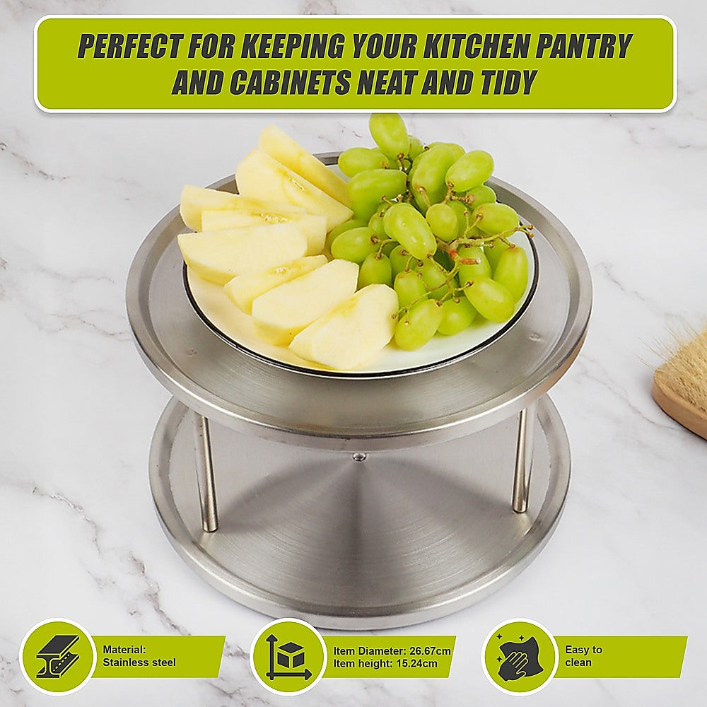 2-Tier Rack Lazy Susan Organiser Steel Kitchen Pantry Cabinet Storage 11