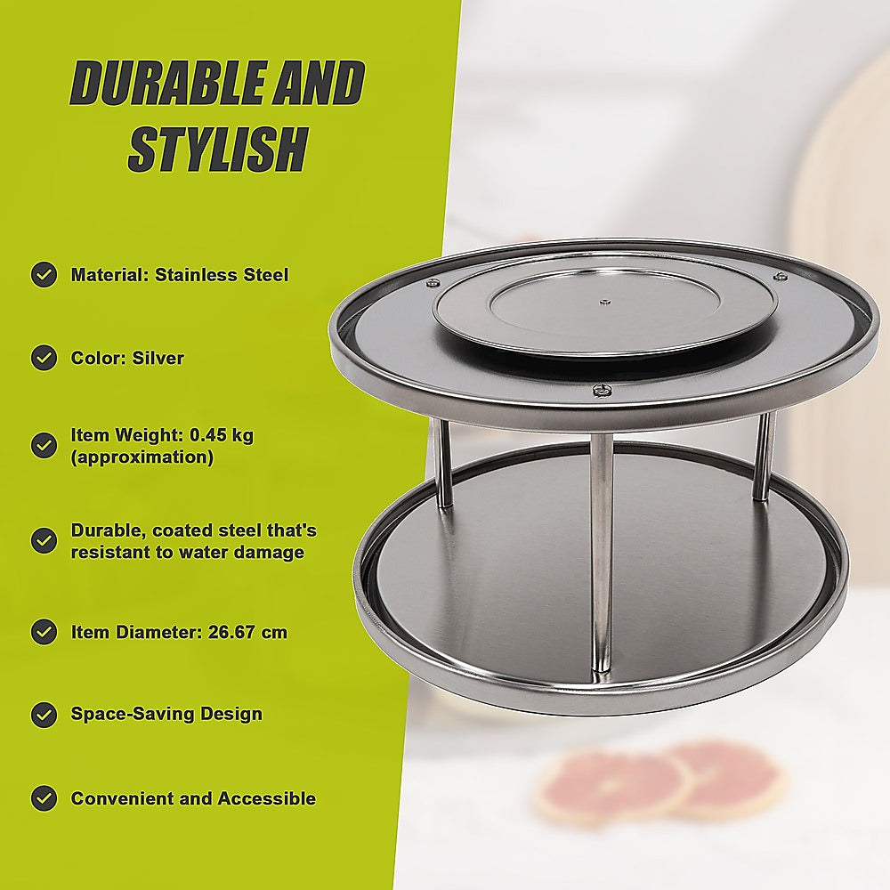 2-Tier Rack Lazy Susan Organiser Steel Kitchen Pantry Cabinet Storage 12