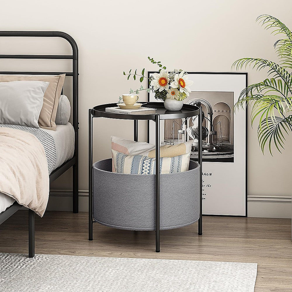 Round Side Table Bedside Storage Basket 6