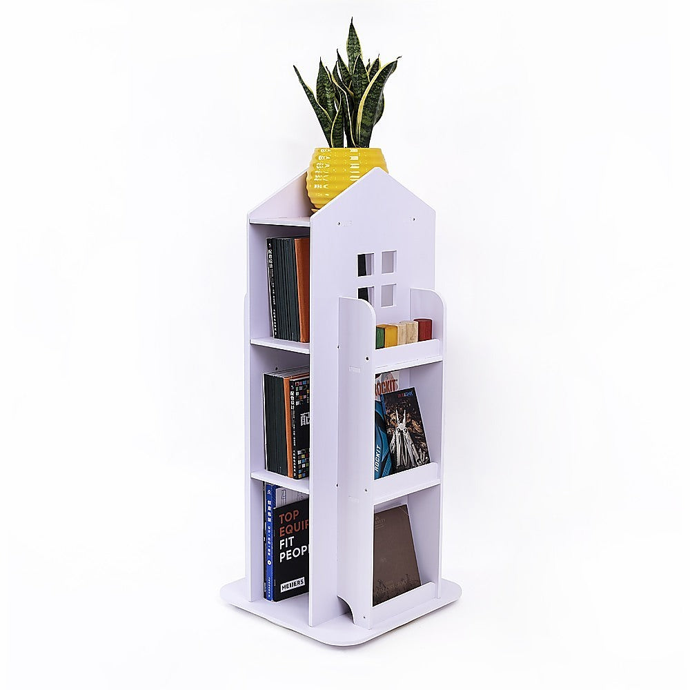 Rotating Bookcase Bookshelf Kid's Book Organiser Rack Wooden Castle Display Shelf 3
