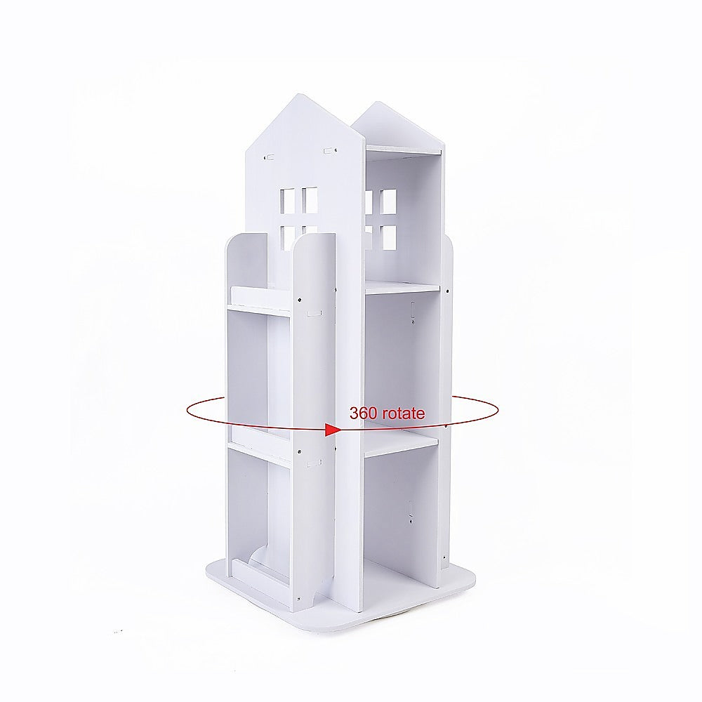 Rotating Bookcase Bookshelf Kid's Book Organiser Rack Wooden Castle Display Shelf 4