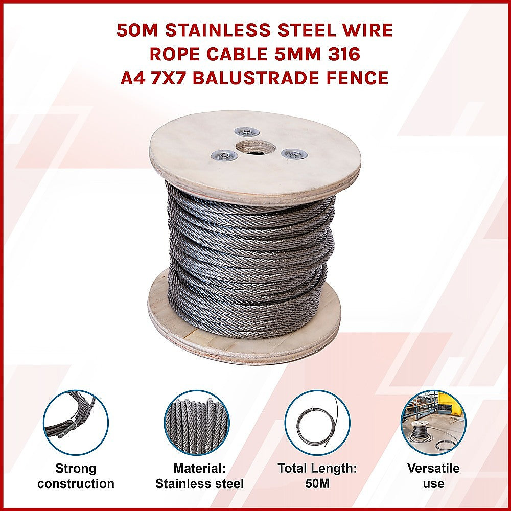 50m Stainless Steel Wire Rope Cable 5mm 316 A4 7x7 Balustrade Fence 3