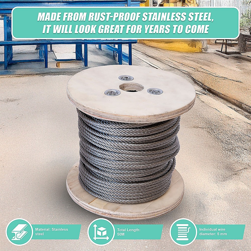 50m Stainless Steel Wire Rope Cable 5mm 316 A4 7x7 Balustrade Fence 10