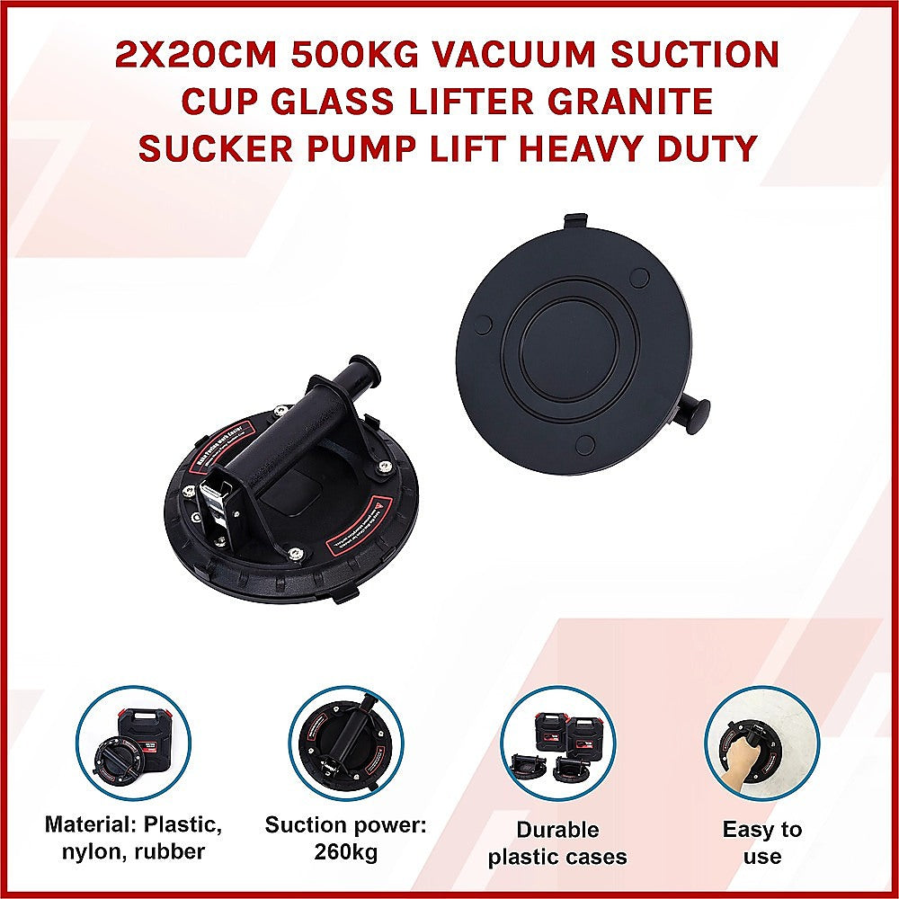 2x20cm 500kg Vacuum Suction Cup Glass Lifter Granite Sucker Pump Lift Heavy Duty 3