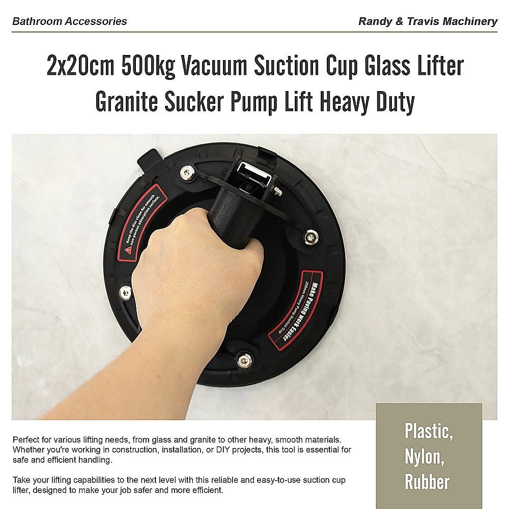2x20cm 500kg Vacuum Suction Cup Glass Lifter Granite Sucker Pump Lift Heavy Duty 11