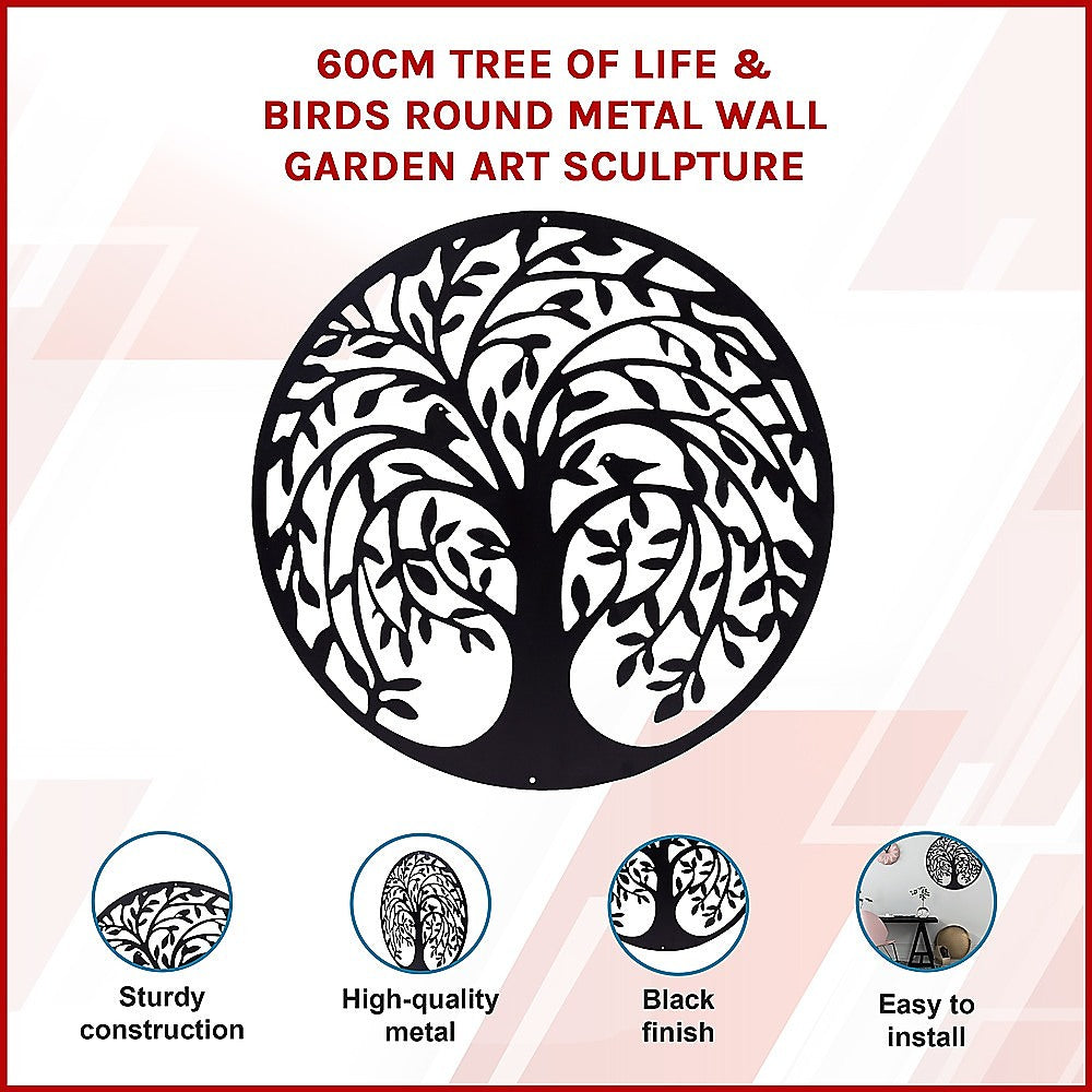 60cm Tree of Life & Birds Round Metal Wall Garden Art Sculpture 3