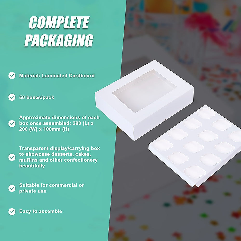 50pcs Cupcake Boxes 12-Hole Laminated Clear Window Face Boxes Favour 12