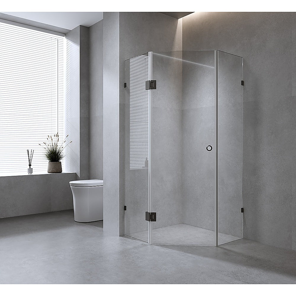 90cm Frameless Diamond Shower Screen with White Brackets and Brass Hinges, Round Handle