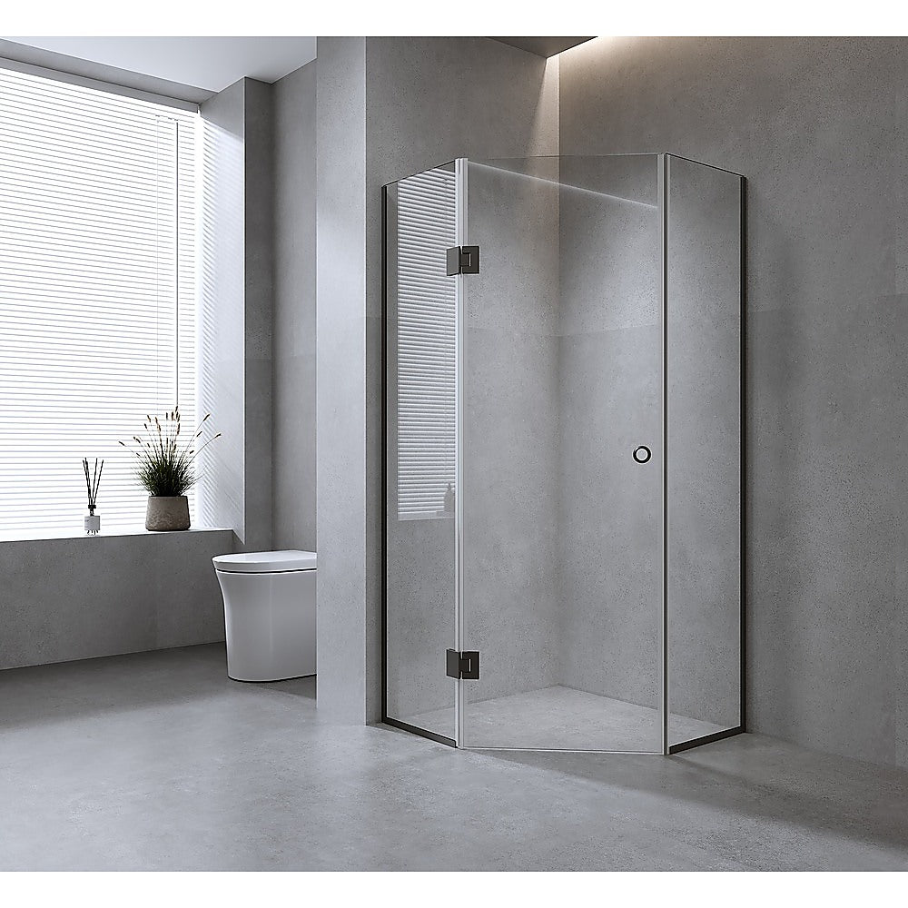 90cm Frameless Diamond Shower Screen with Gunmetal Channels and Brass Hinges & Round Handle