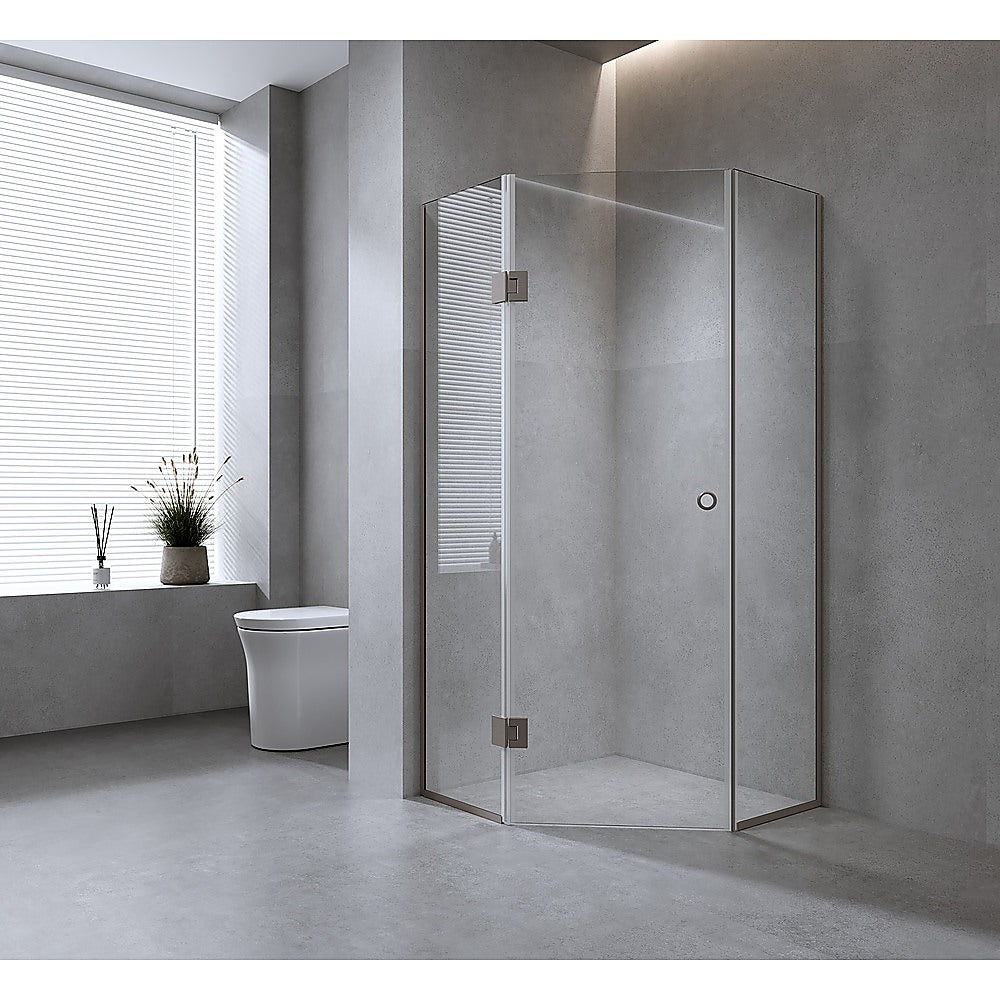 100cm Frameless Diamond Shower Screen with Gunmetal Channels and Brass Hinges & Round Handle
