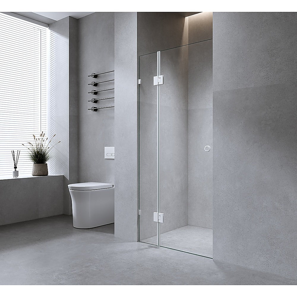 110cm Wall to Wall Frameless Shower Screen with White Brackets and SS Hinges