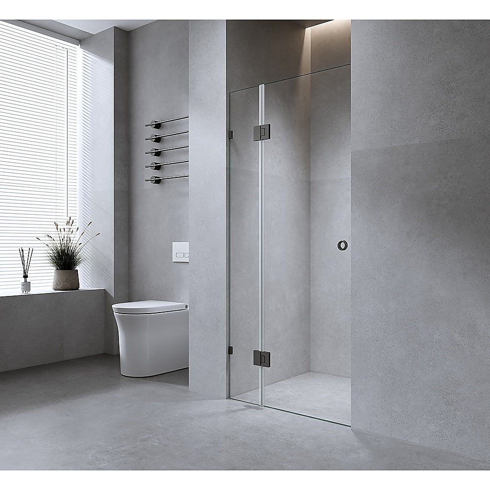 120cm Wall to Wall Frameless Shower Screen with White Brackets and Brass Hinges