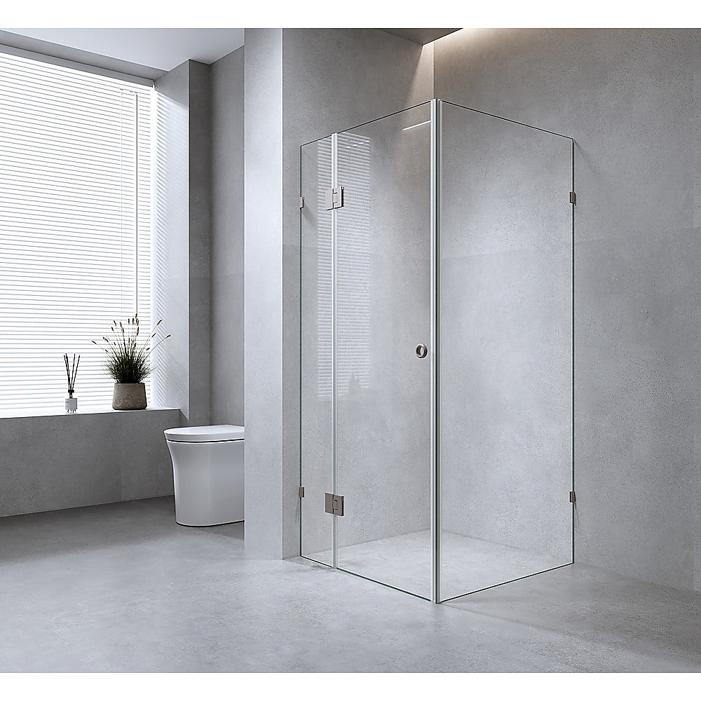 120x110cm Corner Frameless Shower Screen with White Brackets and SS Hinges