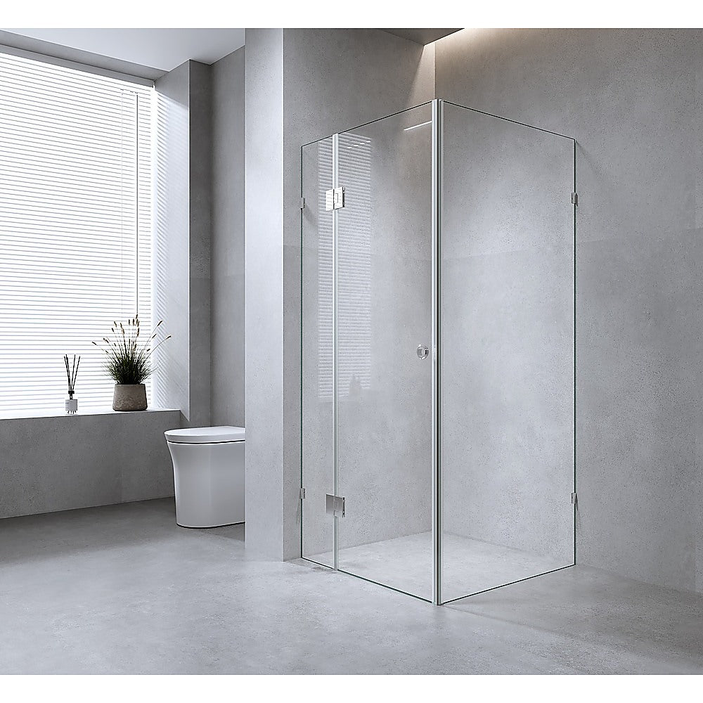 90x90cm Corner Frameless Shower Screen with Chrome Brackets and Brass Hinges