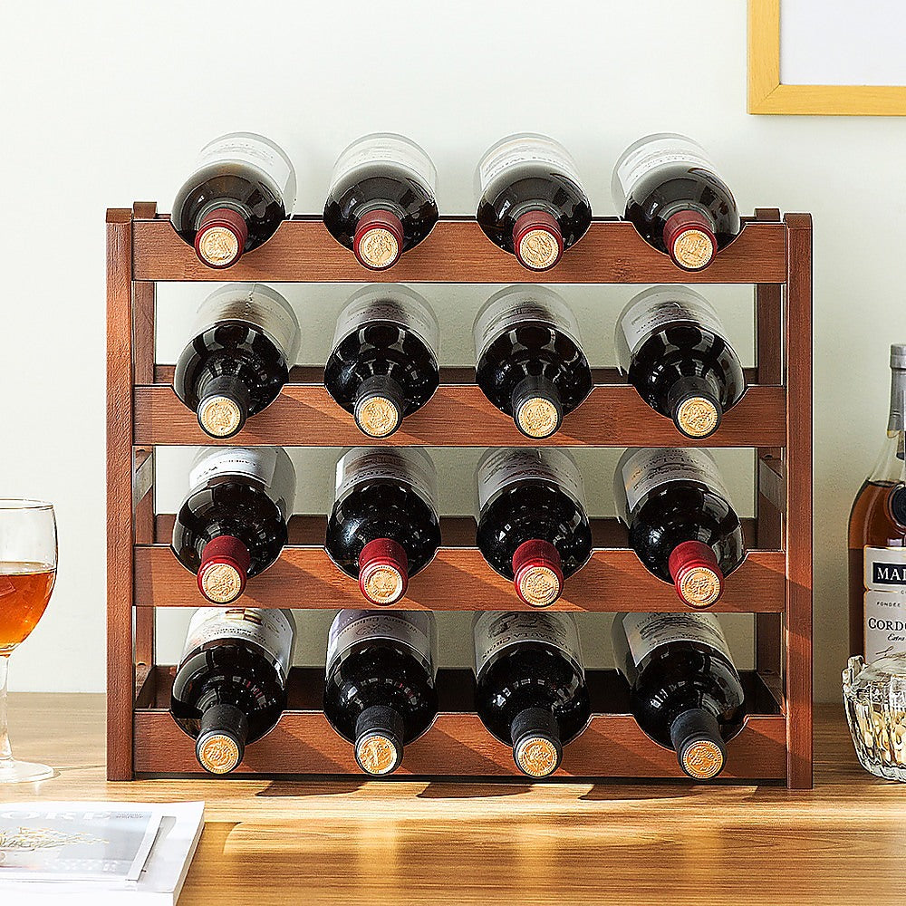 Bamboo Wine Rack Free Standing 15 Bottles with 6 Glasses Holder Storage in Brown 5