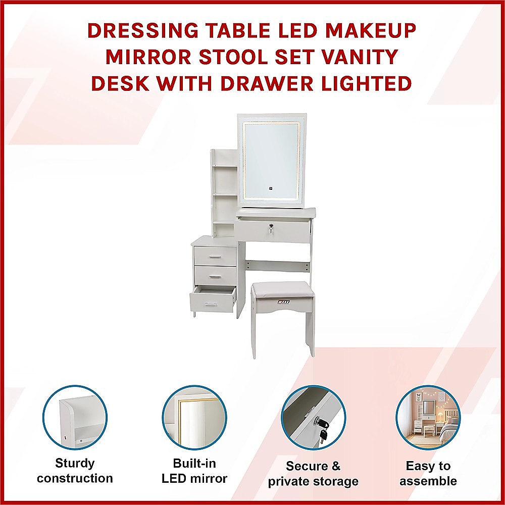 Dressing Table LED Makeup Mirror Stool Set Vanity Desk With Drawer Lighted 3