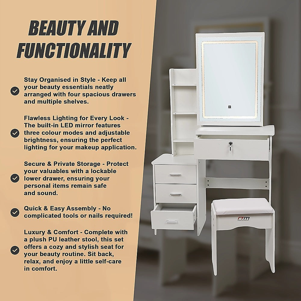 Dressing Table LED Makeup Mirror Stool Set Vanity Desk With Drawer Lighted 10
