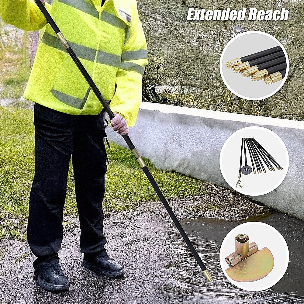 9m Drain Rod Set Kit Plunger Worm Scraper Cleaning Rods Rodding Carry Bag 8