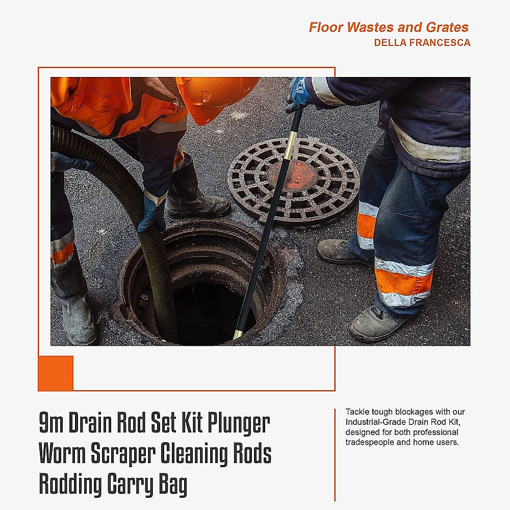 9m Drain Rod Set Kit Plunger Worm Scraper Cleaning Rods Rodding Carry Bag 9