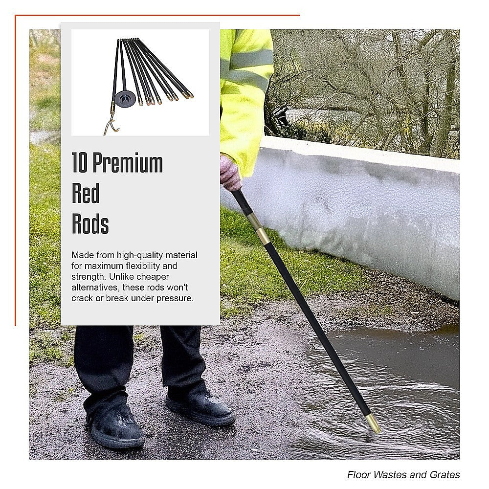 9m Drain Rod Set Kit Plunger Worm Scraper Cleaning Rods Rodding Carry Bag 10