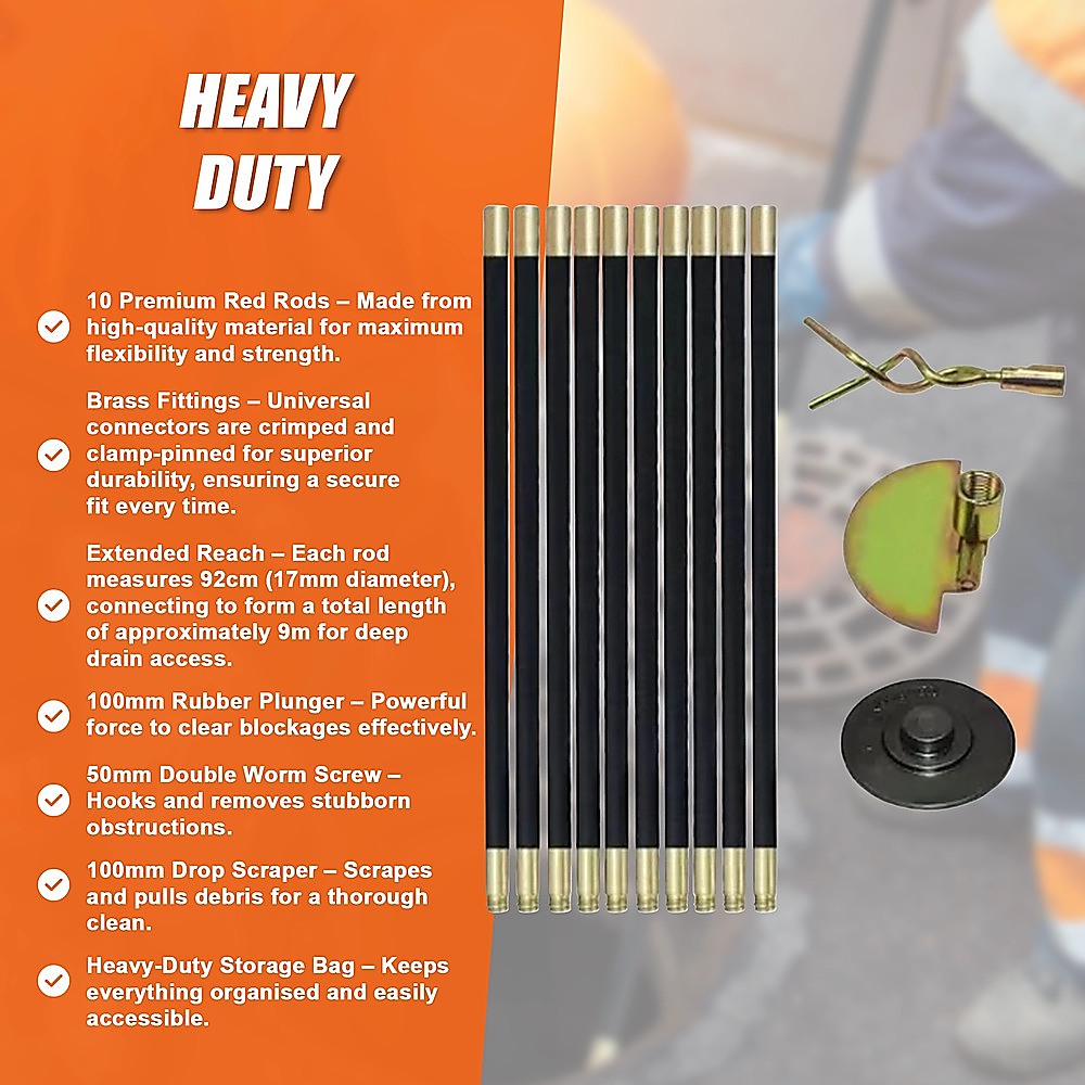 9m Drain Rod Set Kit Plunger Worm Scraper Cleaning Rods Rodding Carry Bag 11