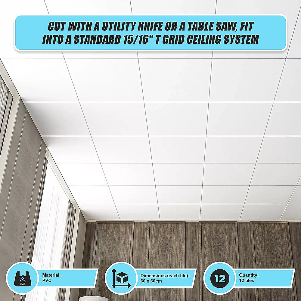 12x Smooth Drop Ceiling Tile 2ft x 2ft PVC Ceiling Panel 3