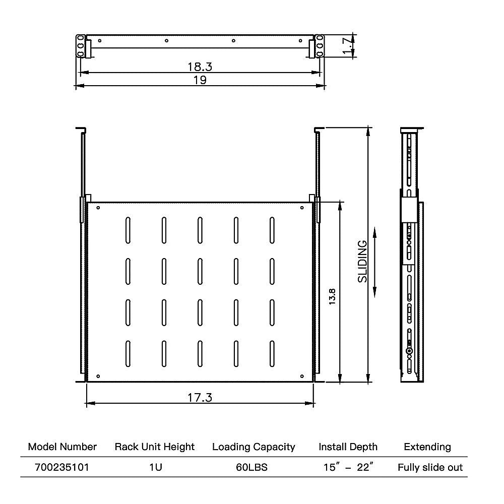 Sliding Rack Server Shelf For Rack 1U 19" 4 Post Rack Mount-Adjustable 15"-22" 6