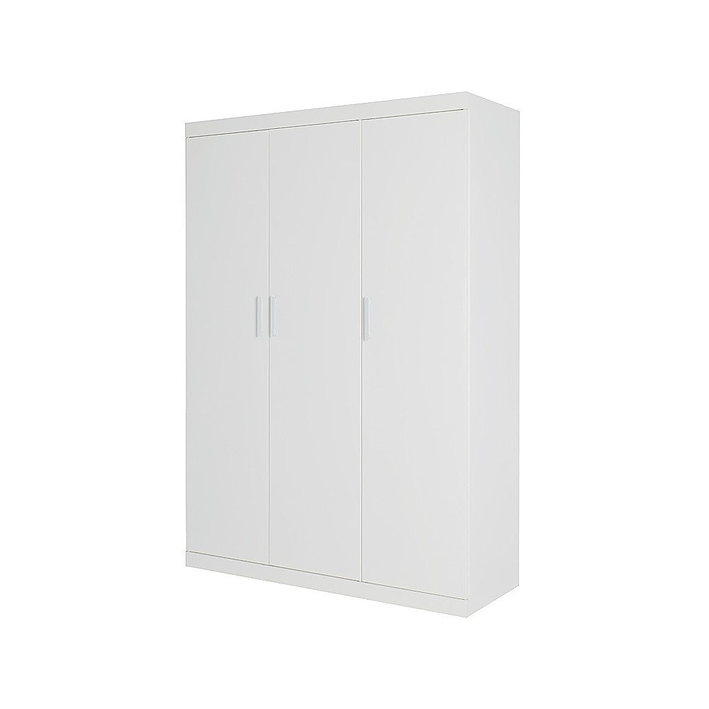 3 Door White Wardrobe – White Handles, Hanging Rail & Shelves 4