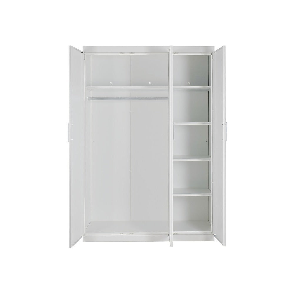 3 Door White Wardrobe – White Handles, Hanging Rail & Shelves 5