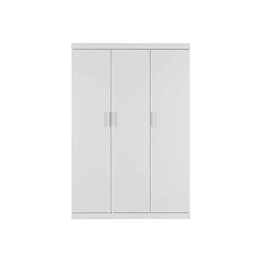 3 Door White Wardrobe – White Handles, Hanging Rail & Shelves 8