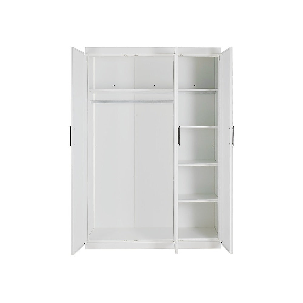 3 Door White Wardrobe – Black Handles, Hanging Rail & Shelves 3