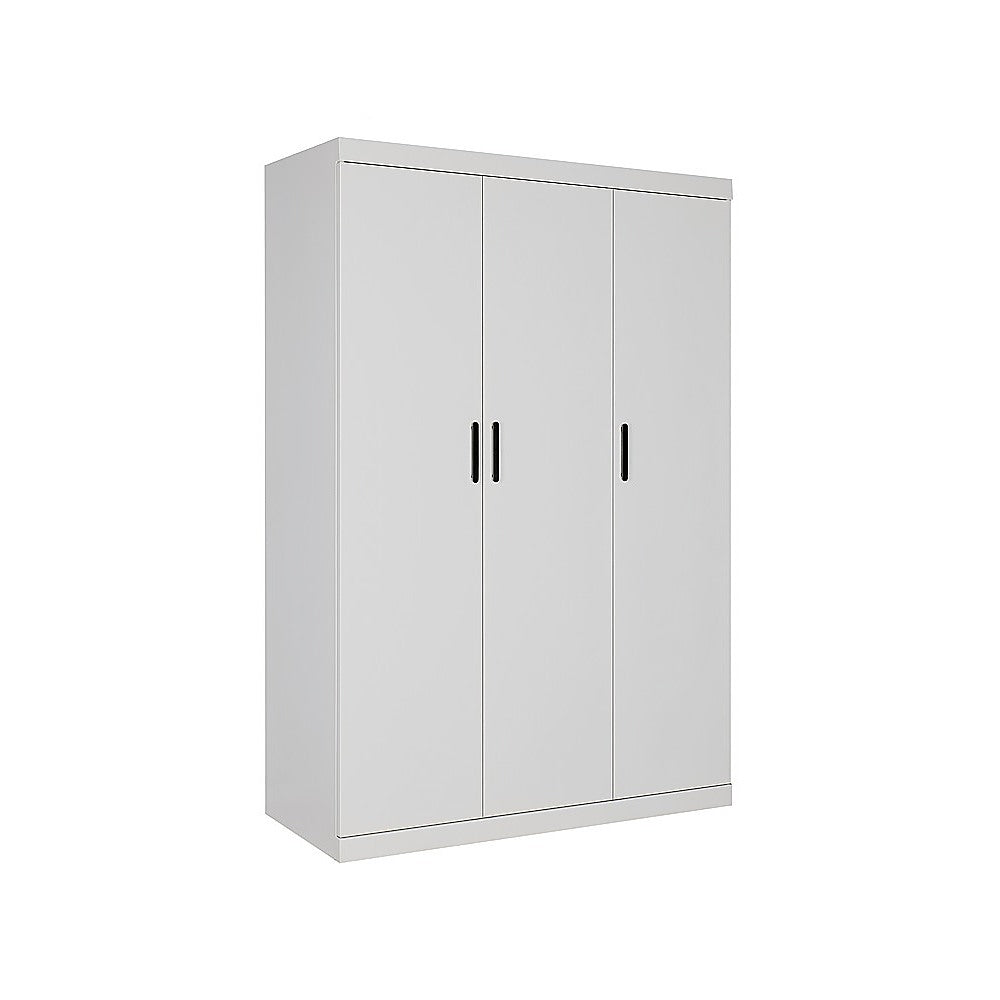 3 Door White Wardrobe – Black Handles, Hanging Rail & Shelves 4