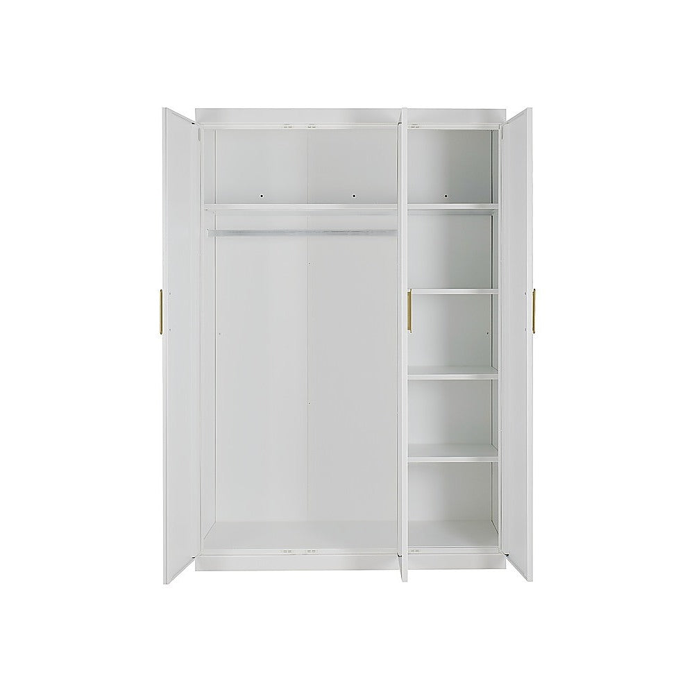 3 Door White Wardrobe – Gold Handles, Hanging Rail & Shelves 5