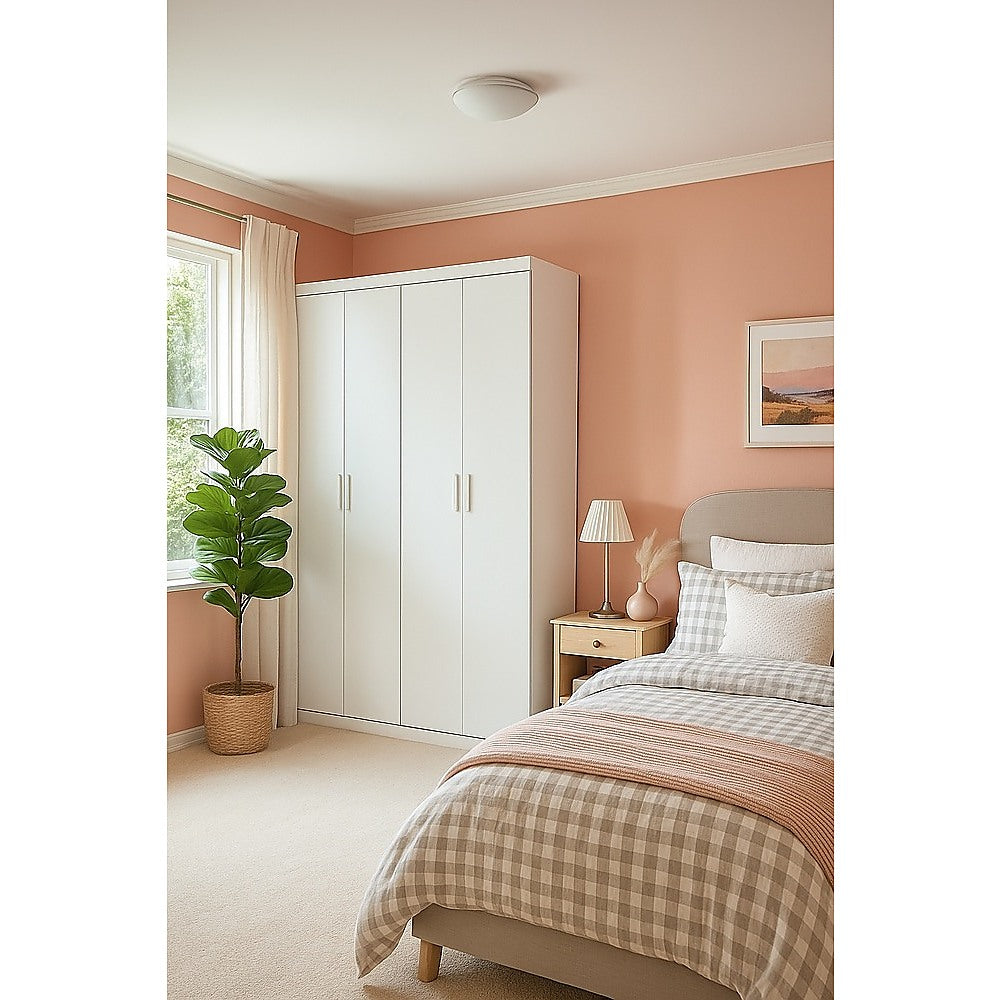 4 Door White Wardrobe Cabinet – Hanging Rail, Shelves & White Handles