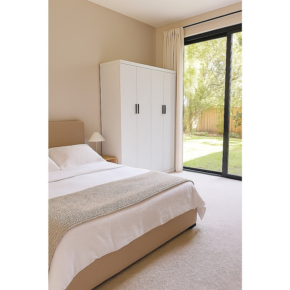 4 Door White Wardrobe Cabinet – Hanging Rail, Shelves & Black Handles