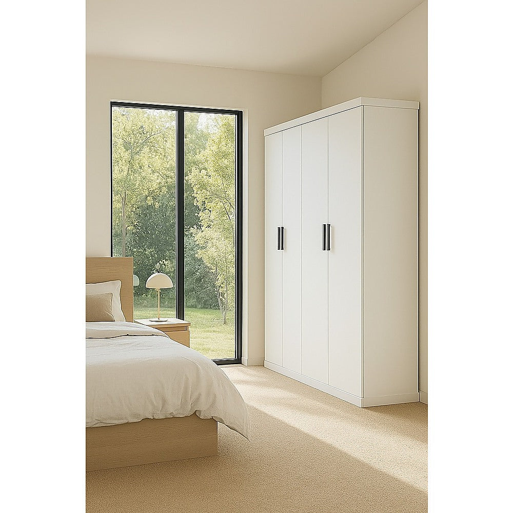 4 Door White Wardrobe Cabinet – Hanging Rail, Shelves & Black Handles 3