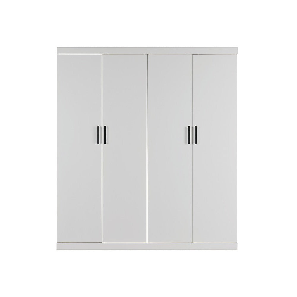 4 Door White Wardrobe Cabinet – Hanging Rail, Shelves & Black Handles 4
