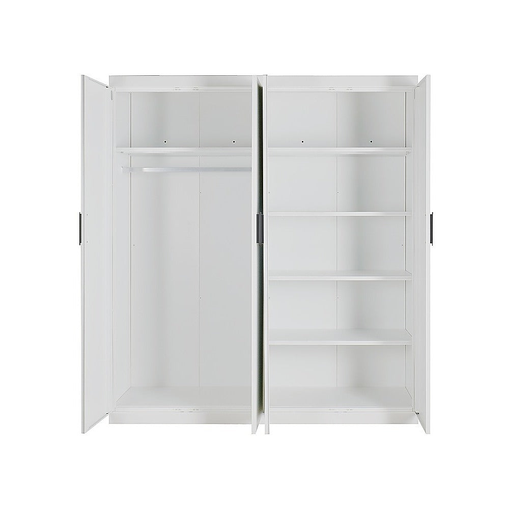 4 Door White Wardrobe Cabinet – Hanging Rail, Shelves & Black Handles 5