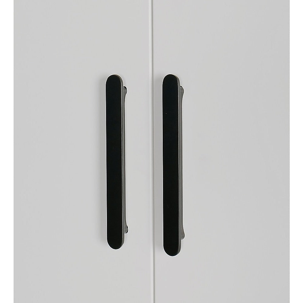 4 Door White Wardrobe Cabinet – Hanging Rail, Shelves & Black Handles 8