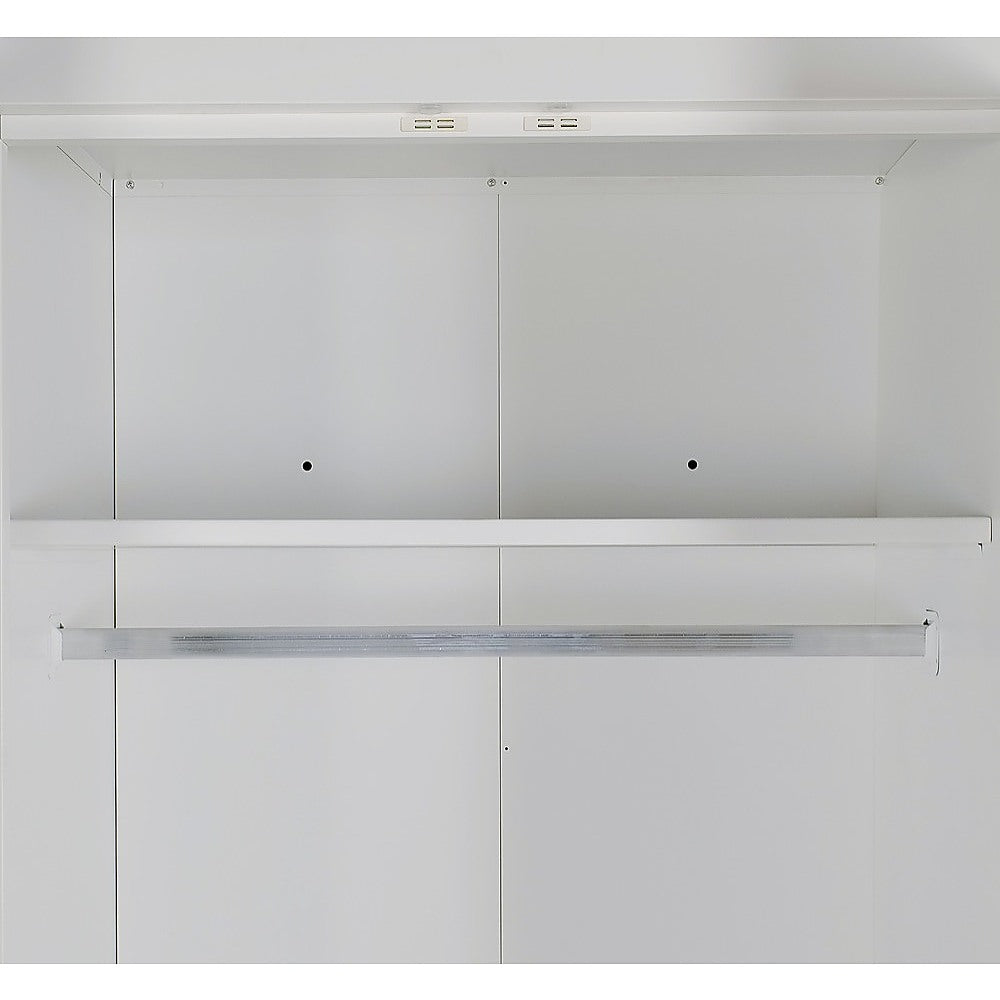 4 Door White Wardrobe Cabinet – Hanging Rail, Shelves & Black Handles 9