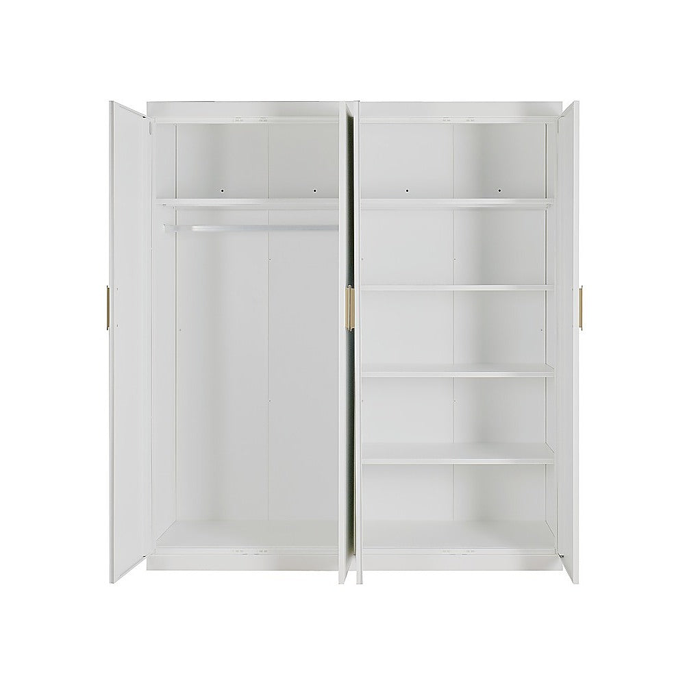 4 Door White Wardrobe Cabinet – Hanging Rail, Shelves & Gold Handles 3