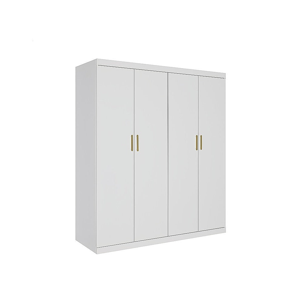 4 Door White Wardrobe Cabinet – Hanging Rail, Shelves & Gold Handles 5