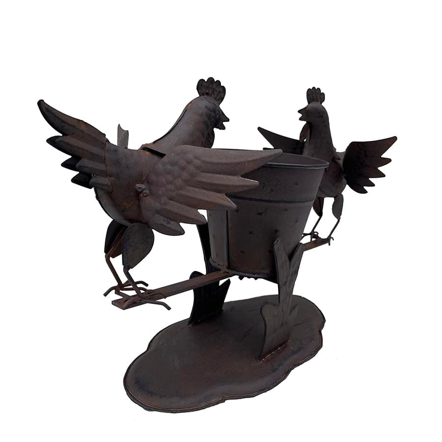 Rust Chooks w Planter On Base 26cm 3