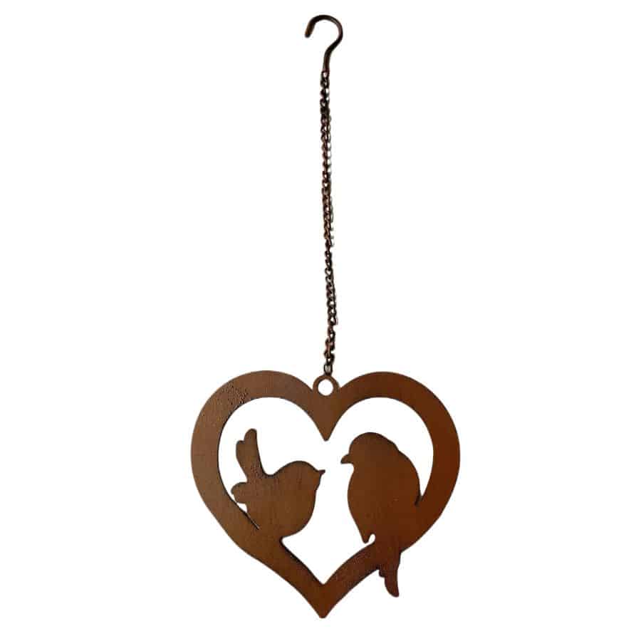 Hanging Rust Heart w Lovebirds On Chain 20cm