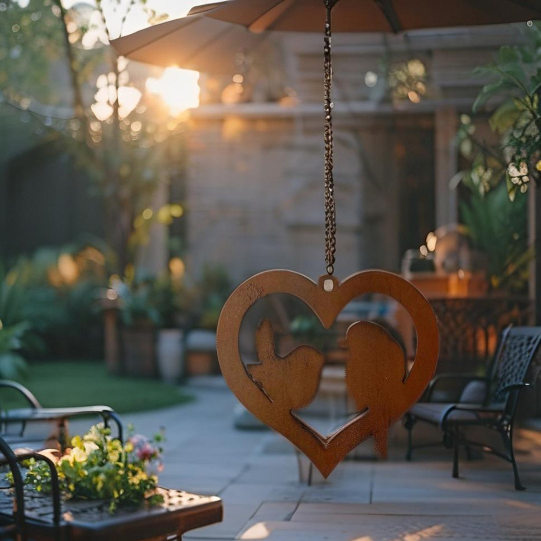 Hanging Rust Heart w Lovebirds On Chain 20cm