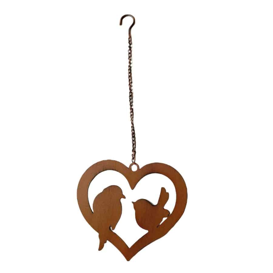 Hanging Rust Heart w Lovebirds On Chain 20cm 3