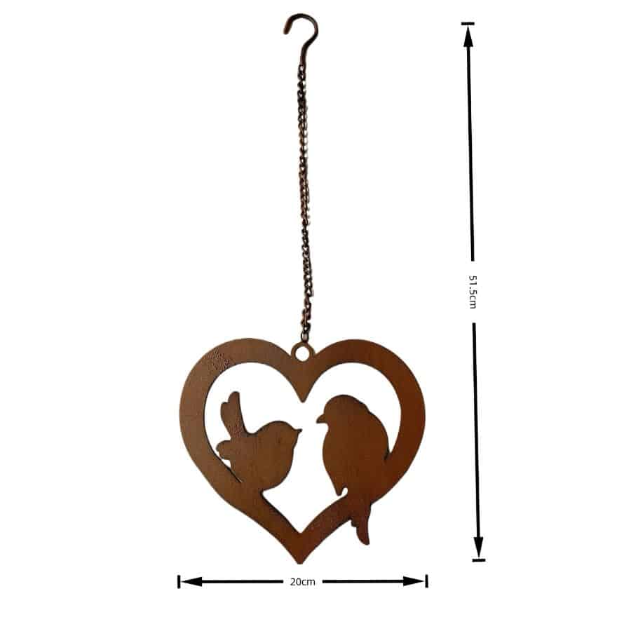 Hanging Rust Heart w Lovebirds On Chain 20cm 4