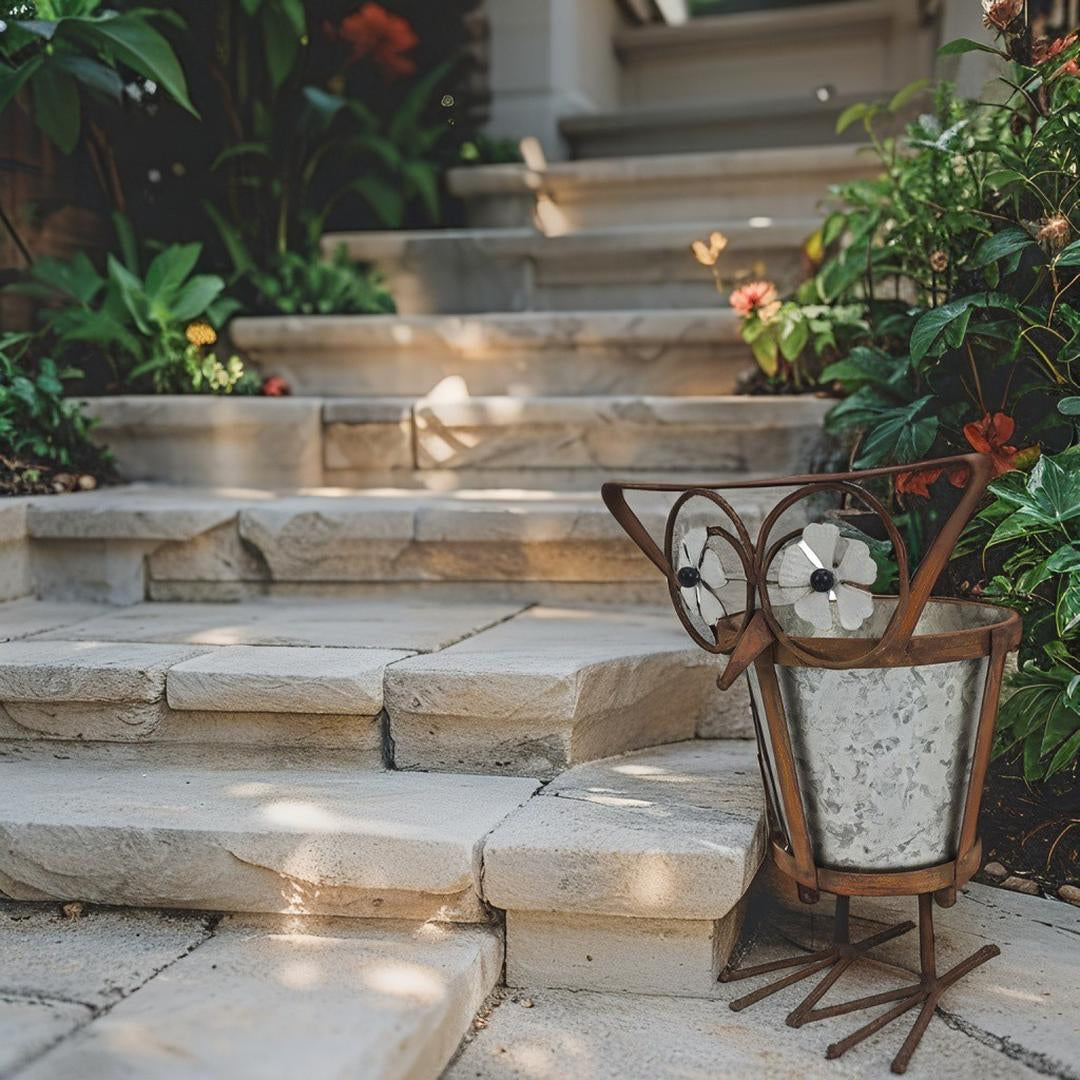 Arty Owl w Galvanised Pot Planter 23cm