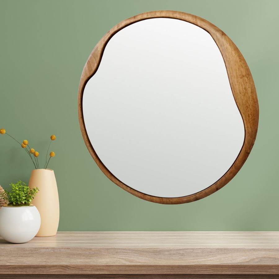 Mid Century Asymmetric Wood Framed Wall Mirror 60x60cm 3