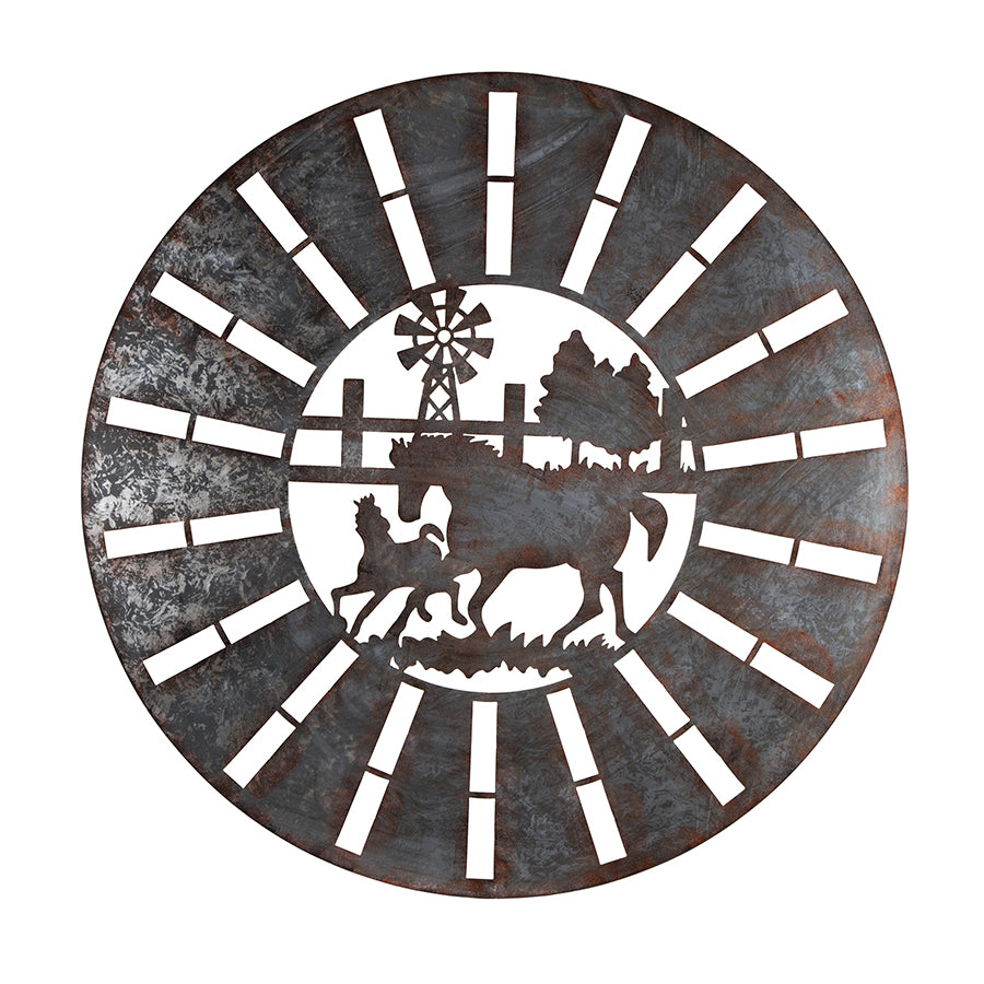 Galvanised w Rust Horses Round Laser Cut Wall Art 100cm